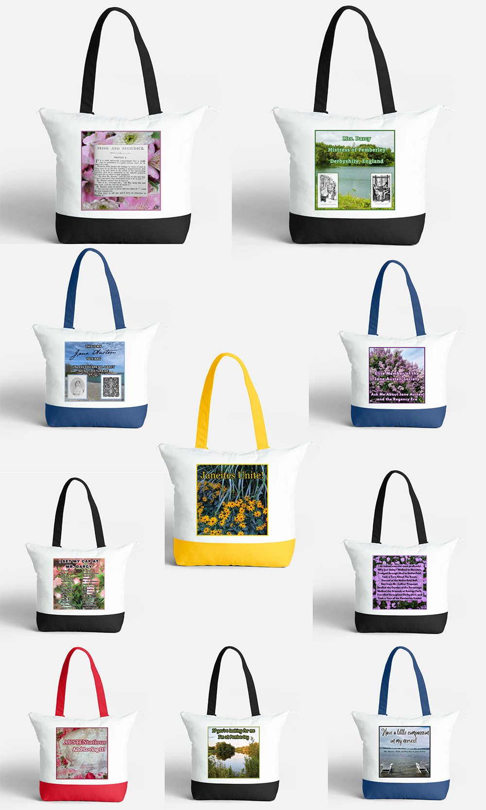 Jane Austen Zippered Tote Bags