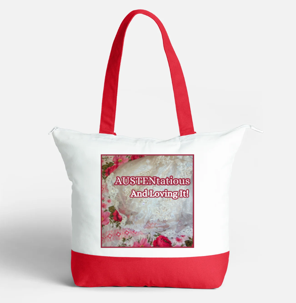 Jane Austen AUSTENtatious And Loving It Zippered 21 litre capacity 100% Cotton Canvas Tote Bag Red and White Front with interior pocket 