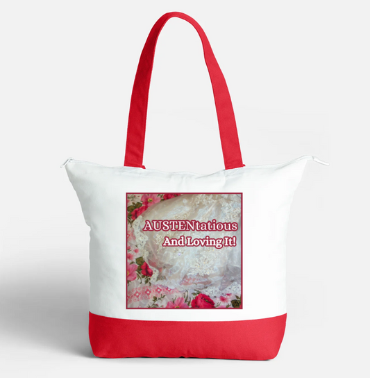 Jane Austen AUSTENtatious And Loving It Zippered 21 litre capacity 100% Cotton Canvas Tote Bag Red and White Front with interior pocket 