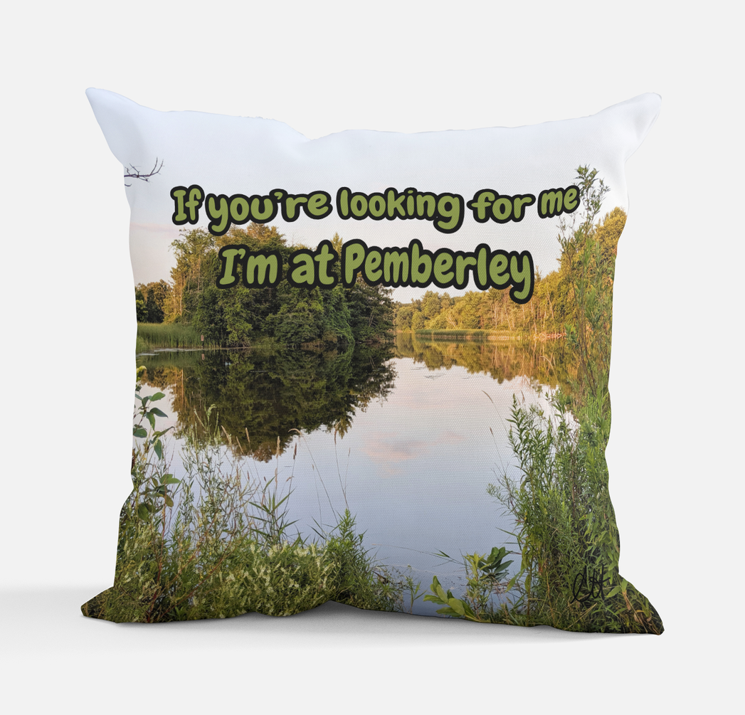 Jane Austen Pride and Prejudice If You're Looking For Me I'm At Pemberley Pillow with 100% polyester outer-shell and recycled fibre filling Front Back same