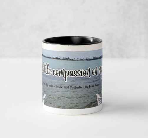 Jane Austen Pride and Prejudice "Have a little compassion on my nerves!" Mrs Bennet 11 oz Ceramic Mug Black Side