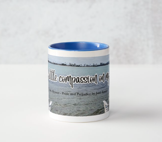 Jane Austen Pride and Prejudice "Have a little compassion on my nerves!" Mrs Bennet 11 oz Ceramic Mug Blue Side