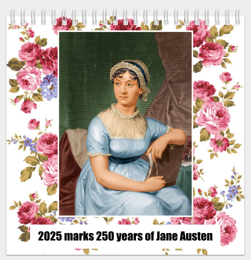 Jane Austen Portrait 2025 Marks 250 Years of Jane Austen
Desk Calendar with spiral binding matte paper and built-in stand 8" wide 8" high 4" deep Cover