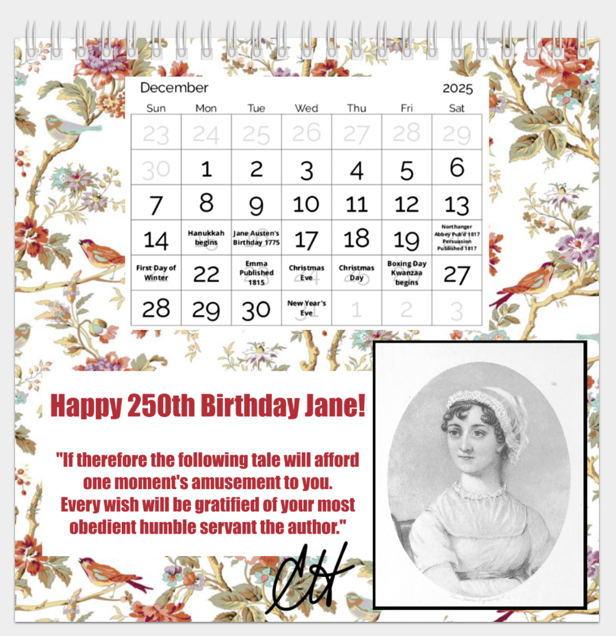 Jane Austen Portrait 2025 Desk Calendar with spiral binding matte paper and built-in stand 8" wide 8" high 4" deep December 250th Birthday Quote