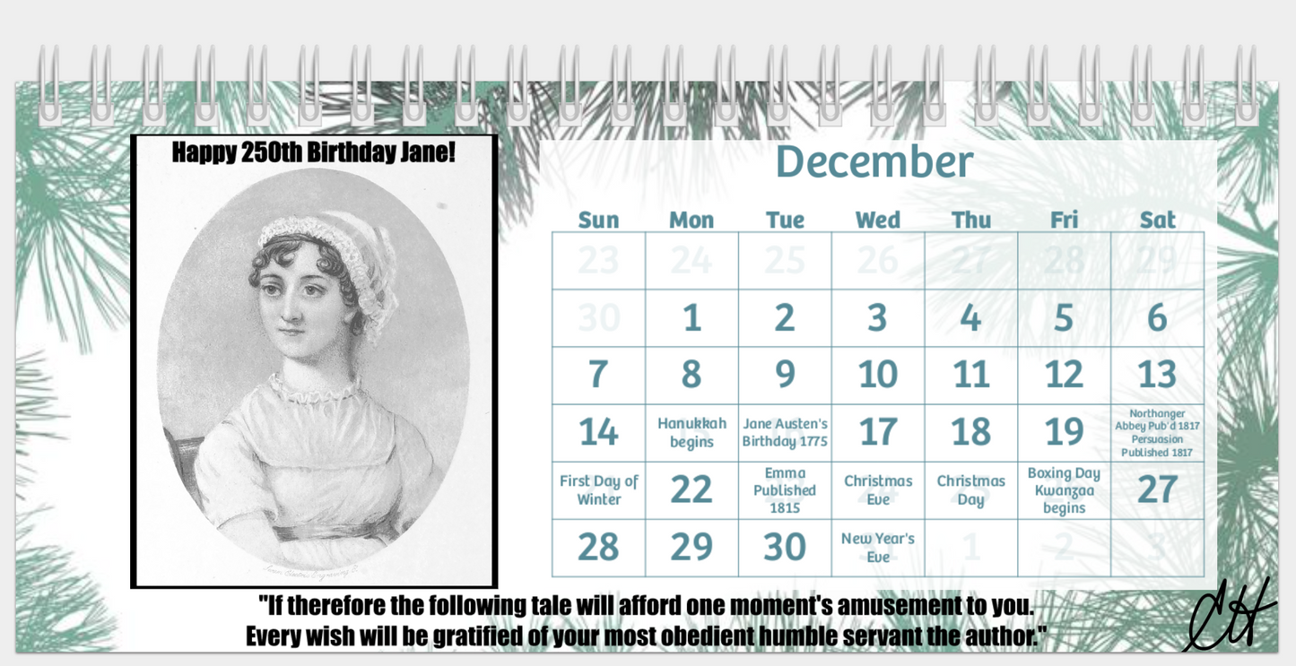 2025 marks 250 years of Jane Austen desk calendar with spiral binding, glossy paper, and built-in stand 8" wide 4" high 2" deep December Portrait Quote