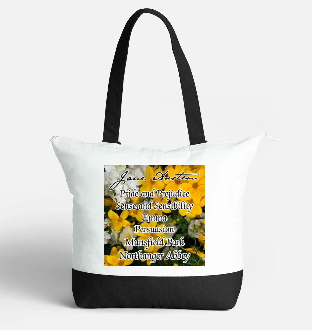 Jane Austen 6 Novels Pride and Prejudice Sense and Sensibility Emma Persuasion Mansfield Park Northanger Abbey Zippered 21 litre capacity 100% Cotton Canvas Tote Bag Black and White Front with interior pocket