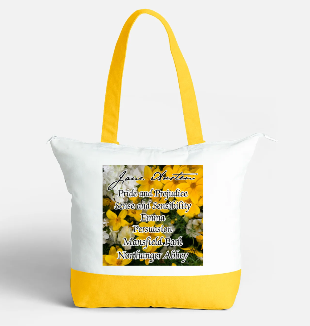 Jane Austen Signature 6 Novels Pride and Prejudice Sense and Sensibility Emma Persuasion Mansfield Park Northanger Abbey Zippered 21 litre capacity 100% Cotton Canvas Tote Bag Yellow and White Front with interior pocket