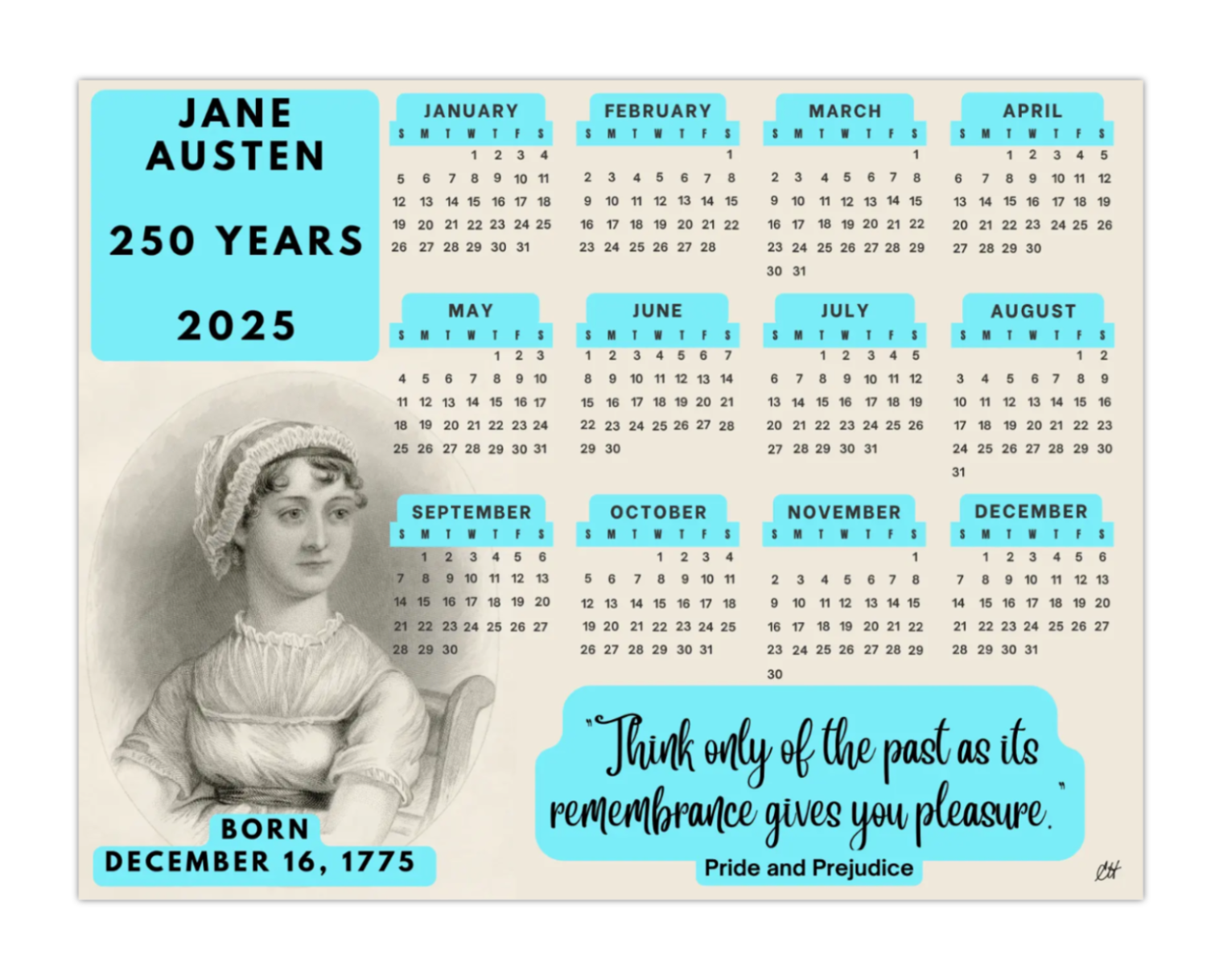 Jane Austen 2025 Calendar Magnet 5.47 x 4.21 Portrait Quote Pride and Prejudice