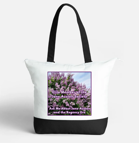 Elite Member of the Jane Austen Society Regency Era Zippered 21 litre capacity 100% Cotton Canvas Tote Bag Black and White Front with interior pocket 