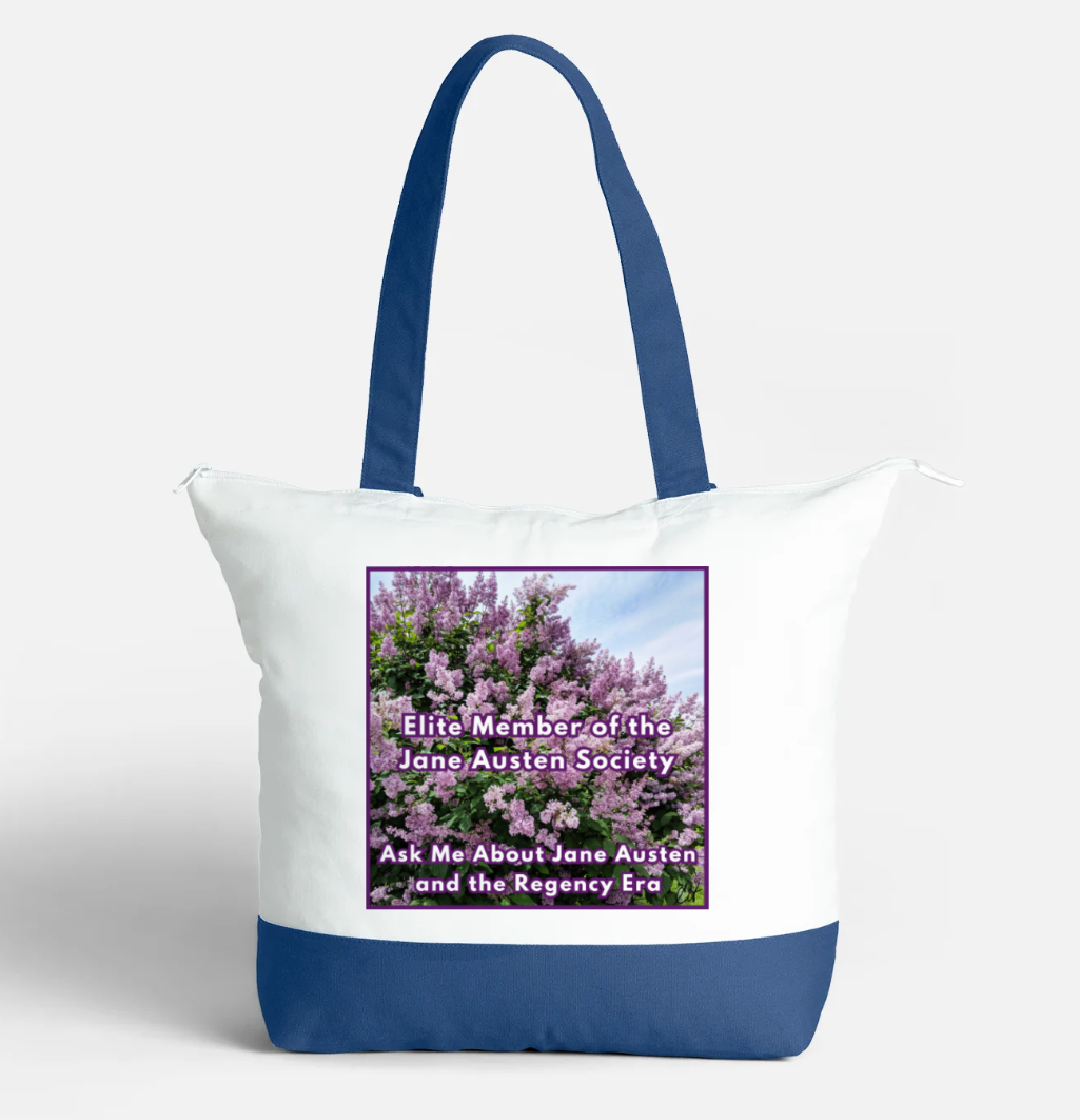 Elite Member of the Jane Austen Society Regency Era Zippered 21 litre capacity 100% Cotton Canvas Tote Bag Blue and White Front with interior pocket 