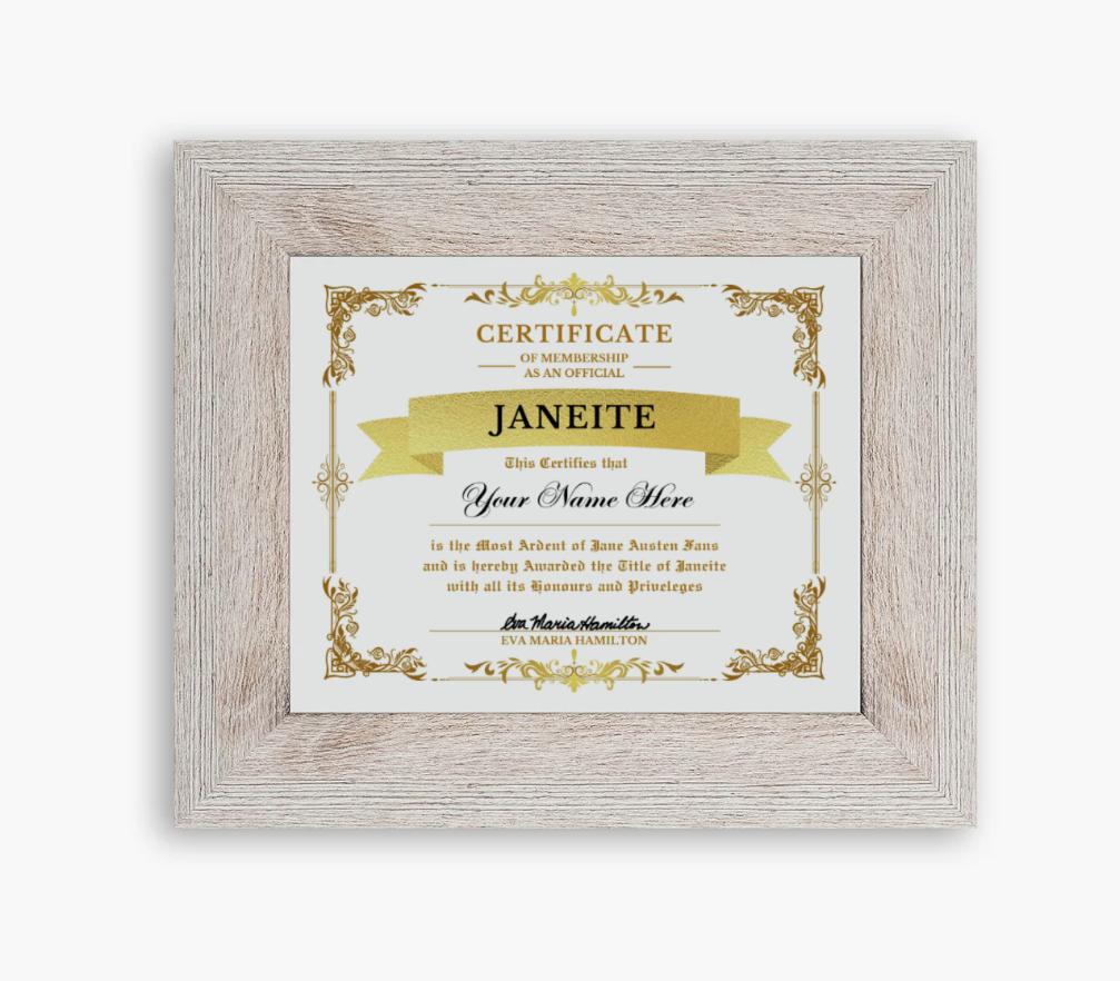 Certificate of Membership as an Official Janeite Personalized high-quality matte paper medium density fiberboard acrylic cover built-in sawtooth hardware Premium Rustic Frame