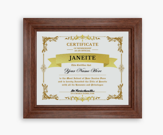 Certificate of Membership as an Official Janeite Personalized high-quality matte paper medium density fiberboard acrylic cover built-in sawtooth hardware Premium Walnut Frame