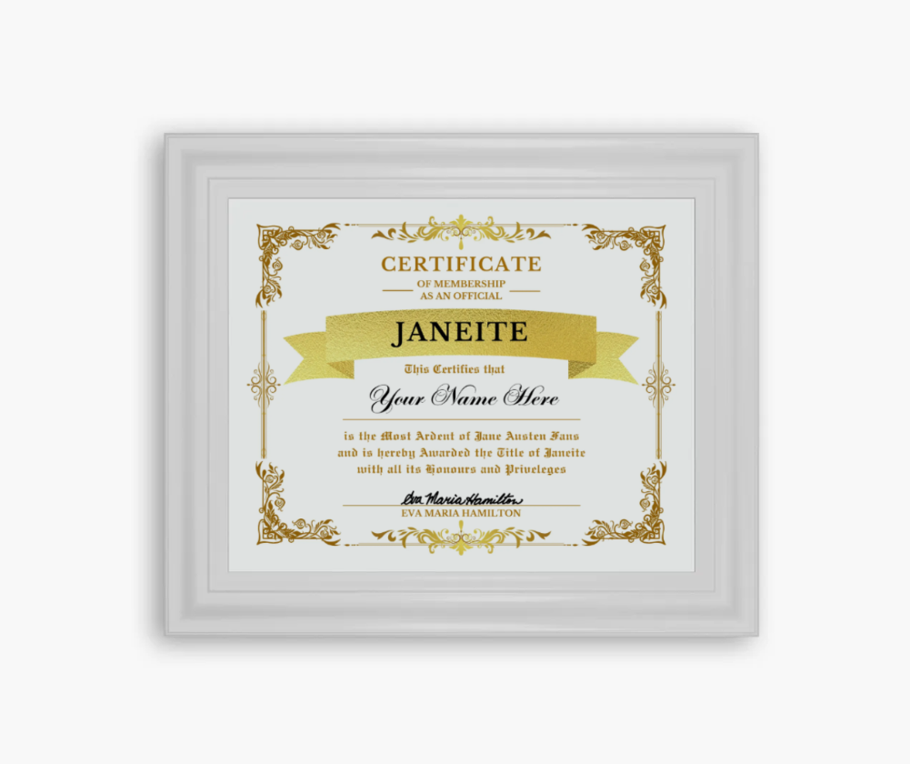 Certificate of Membership as an Official Janeite Personalized high-quality matte paper medium density fiberboard acrylic cover built-in sawtooth hardware Premium White Frame