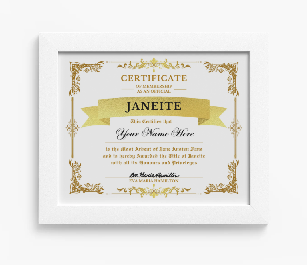 Certificate of Membership as an Official Janeite Personalized high-quality matte paper medium density fiberboard acrylic cover built-in sawtooth hardware White Frame