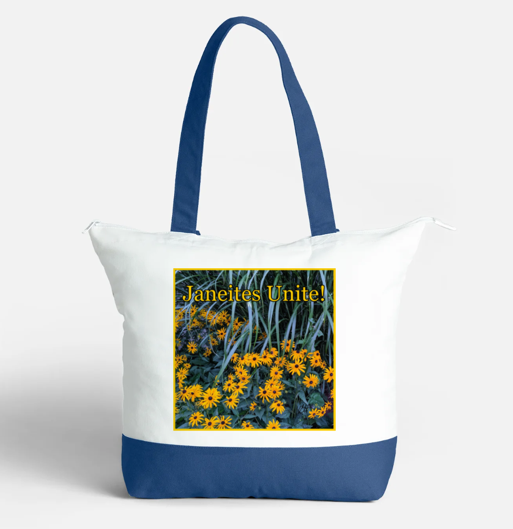 Janeites Unite Zippered 21 litre capacity 100% Cotton Canvas Tote Bag Blue and White Front with interior pocket