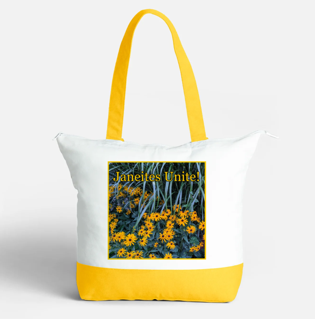 Janeites Unite Zippered 21 litre capacity 100% Cotton Canvas Tote Bag Yellow and White Front with interior pocket