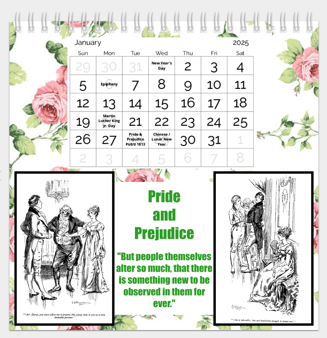 Jane Austen 2025 Desk Calendar with spiral binding matte paper and built-in stand 8" wide 8" high 4" deep January Pride and Prejudice Quote 2 Historical Drawings