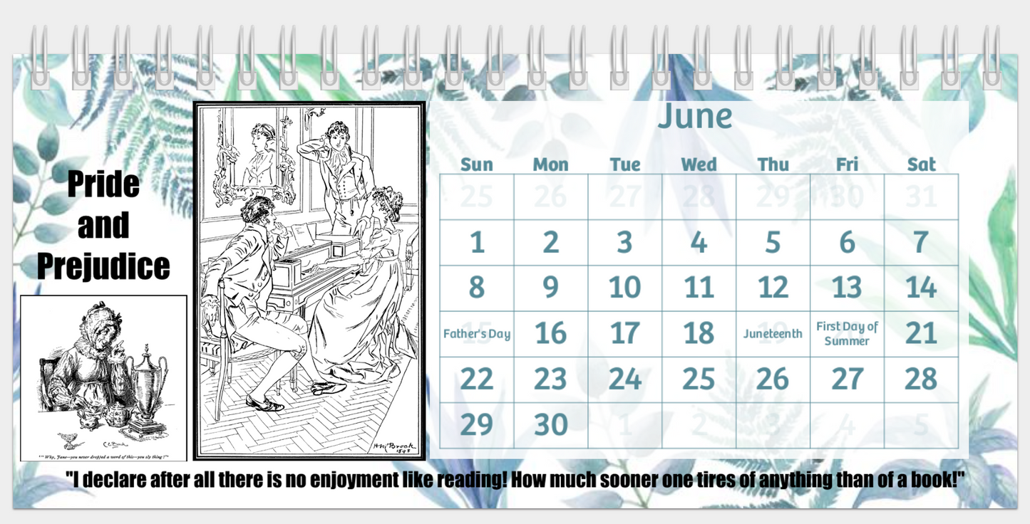 2025 marks 250 years of Jane Austen desk calendar with spiral binding, glossy paper, and built-in stand 8" wide 4" high 2" deep June Pride and Prejudice 2 Historical Drawings Quotes