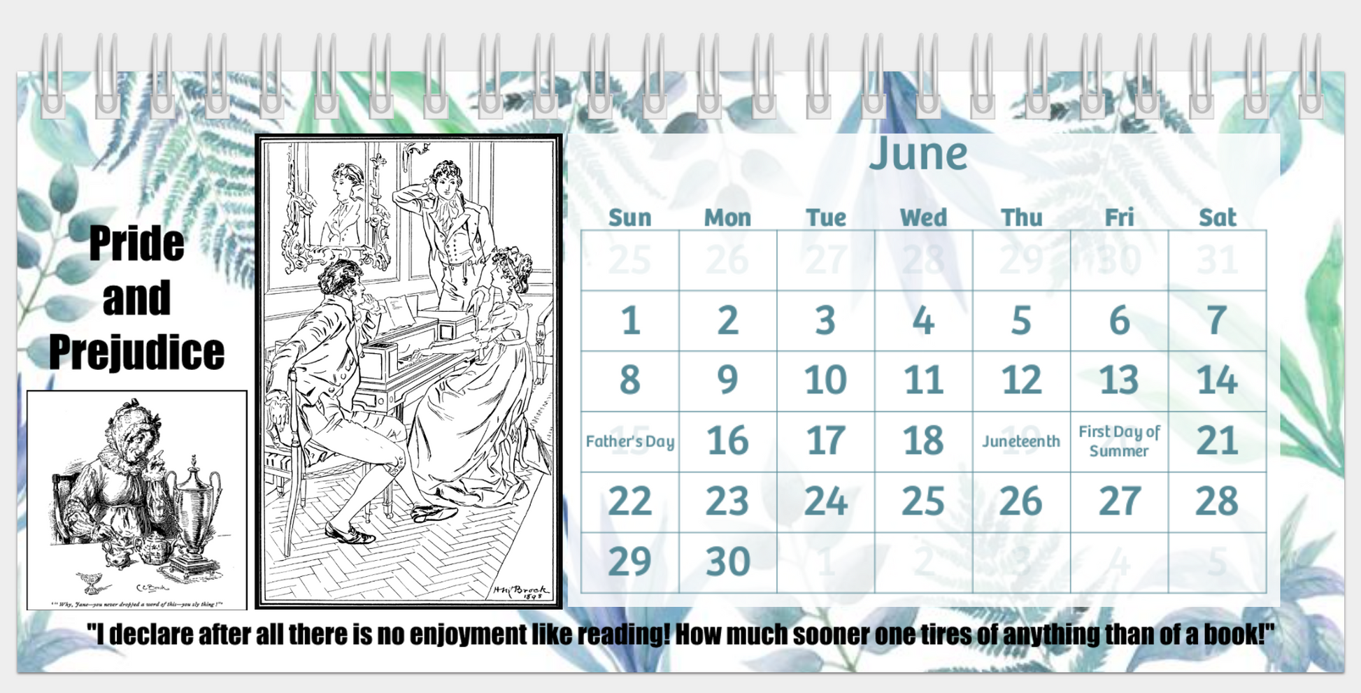 2025 marks 250 years of Jane Austen desk calendar with spiral binding, glossy paper, and built-in stand 8" wide 4" high 2" deep June Pride and Prejudice 2 Historical Drawings Quotes