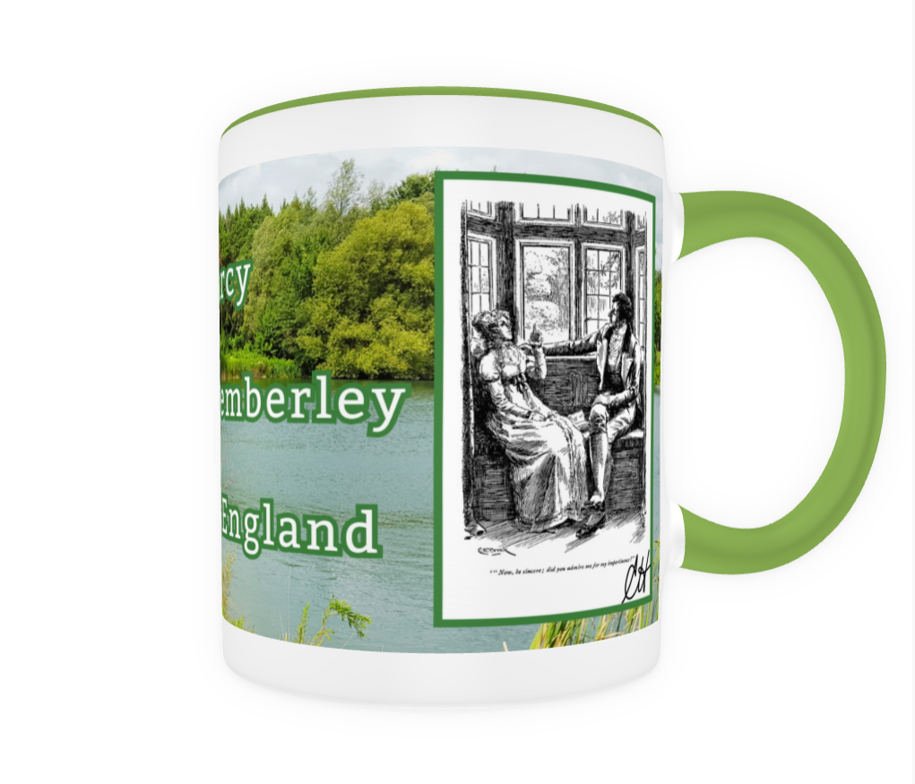 Mrs Darcy Mistress of Pemberley Derbyshire England Jane Austen Pride and Prejudice 2 Historical Drawings 11 oz Ceramic Mug Green Back