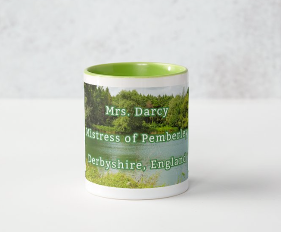 Mrs Darcy Mistress of Pemberley Derbyshire England Jane Austen Pride and Prejudice 2 Historical Drawings 11 oz Ceramic Mug Green Side