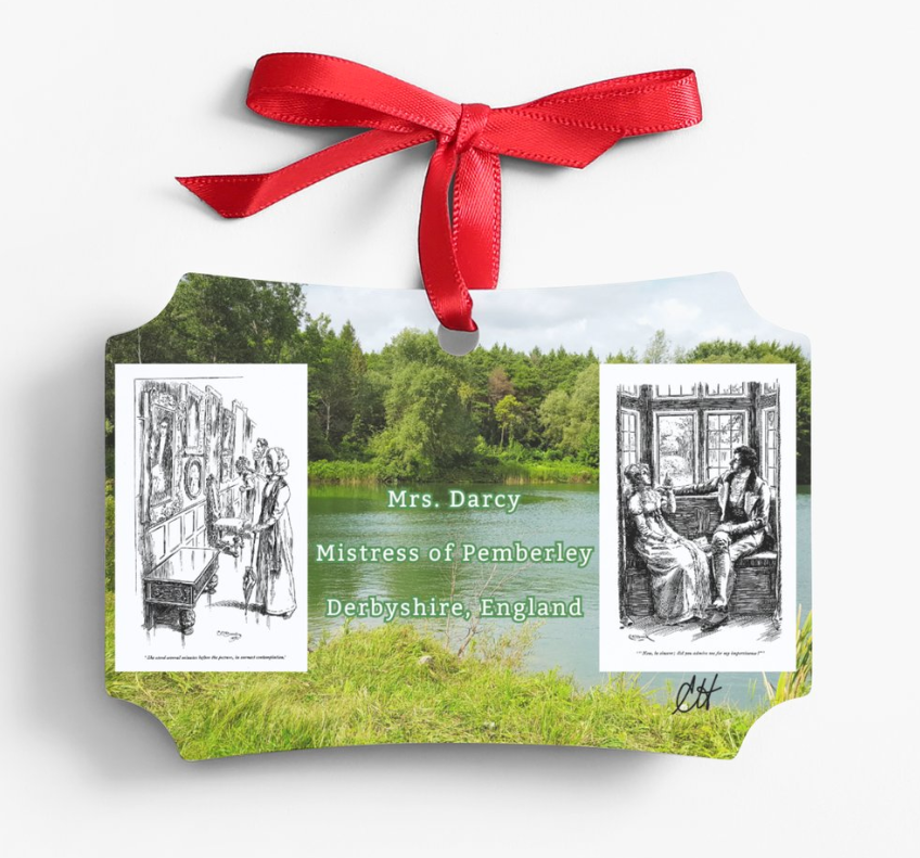 Mrs Darcy Mistress of Pemberley Derbyshire England Jane Austen Pride and Prejudice 2 Historical Drawings Christmas Ornament Metal Red Ribbon Reversible Same Back