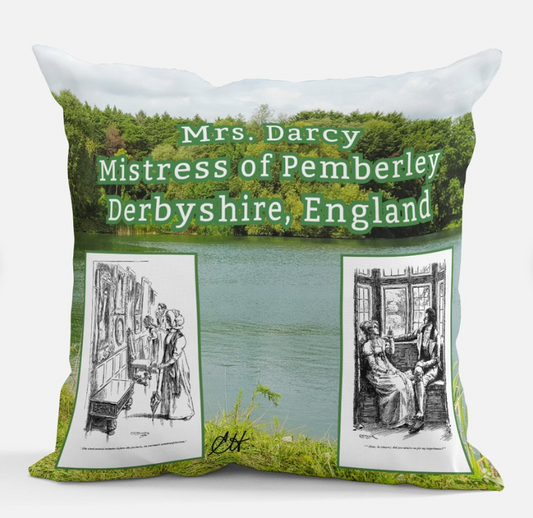 Jane Austen Pride and Prejudice Mrs Darcy Mistress of Pemberley Derbyshire England Pillow with 2 Historical drawings 100% polyester outer-shell and recycled fibre filling Front Back same