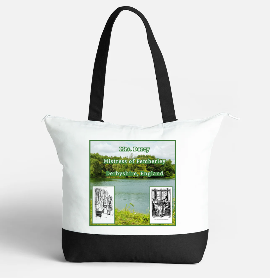 Mrs Darcy Mistress of Pemberley Derbyshire England Jane Austen Pride and Prejudice 21 litre capacity 100% Cotton Canvas Tote Bag Black and White Front with interior pocket 