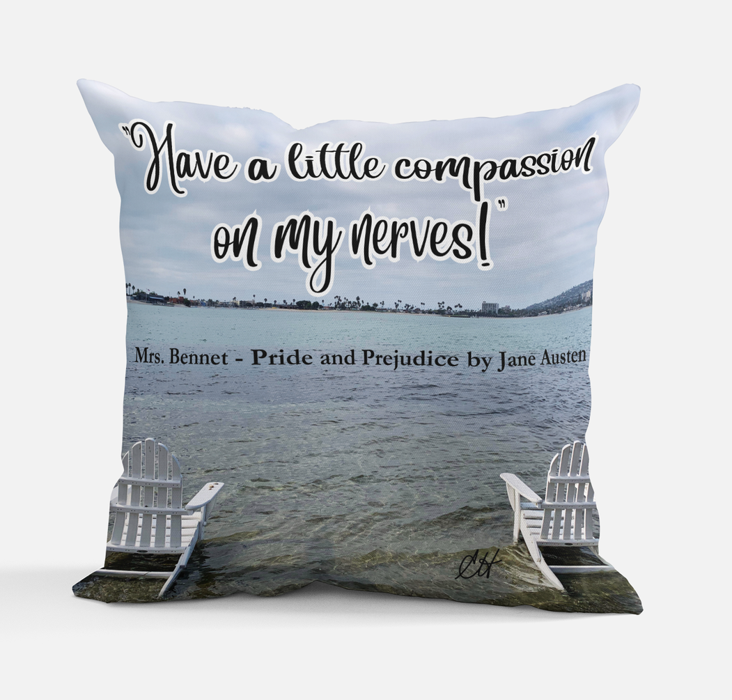 Jane Austen Pride and Prejudice "Have a little compassion on my nerves!" Mrs Bennet Pillow with 100% polyester outer-shell and recycled fibre filling Front Back same