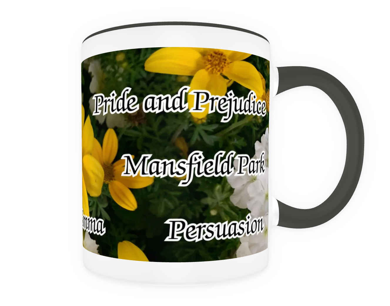 Jane Austen Signature 6 Novels Pride and Prejudice Sense and Sensibility Emma Persuasion Mansfield Park Northanger Abbey 11 oz Ceramic Mug Black Back