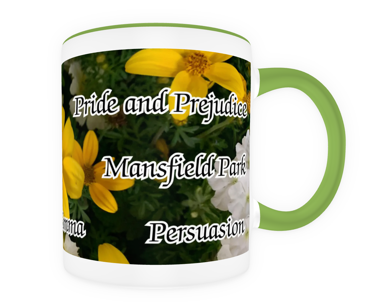 Jane Austen Signature 6 Novels Pride and Prejudice Sense and Sensibility Emma Persuasion Mansfield Park Northanger Abbey 11 oz Ceramic Mug Green Back