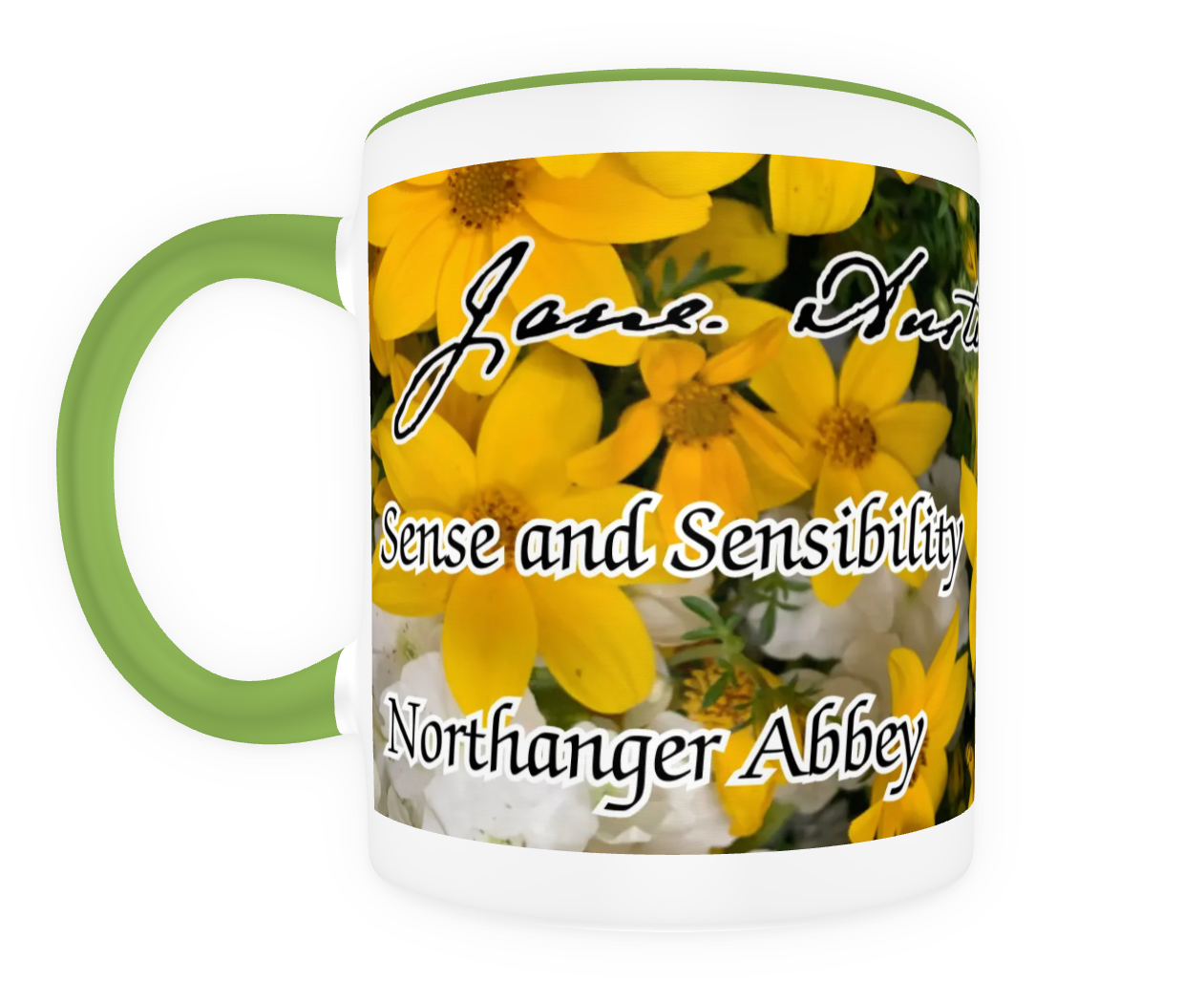 Jane Austen Signature 6 Novels Pride and Prejudice Sense and Sensibility Emma Persuasion Mansfield Park Northanger Abbey 11 oz Ceramic Mug Green Front