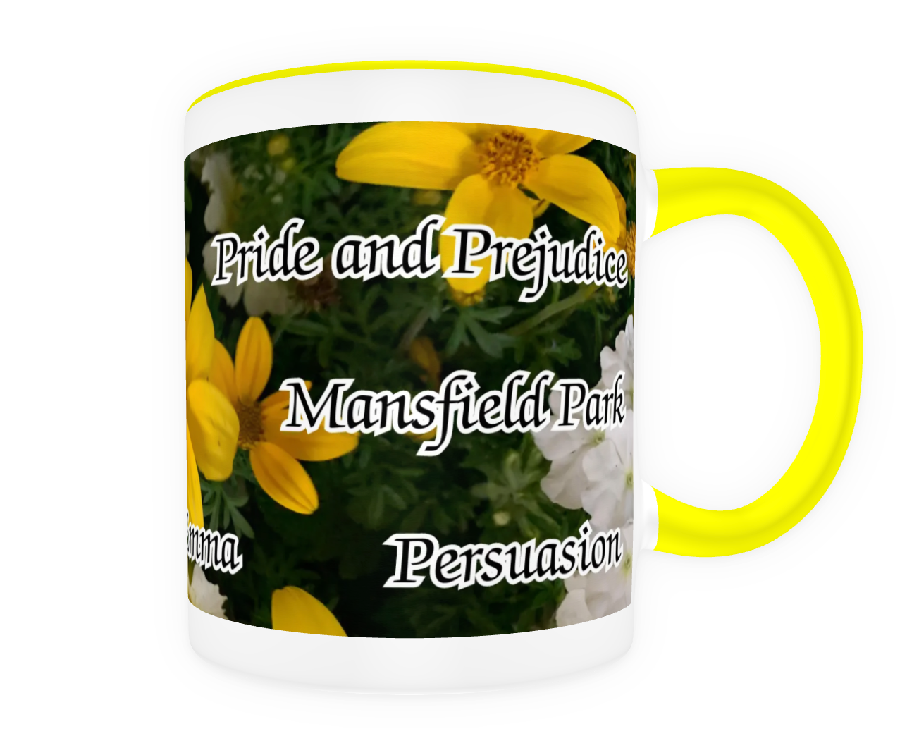 Jane Austen Signature 6 Novels Pride and Prejudice Sense and Sensibility Emma Persuasion Mansfield Park Northanger Abbey 11 oz Ceramic Mug Yellow Back