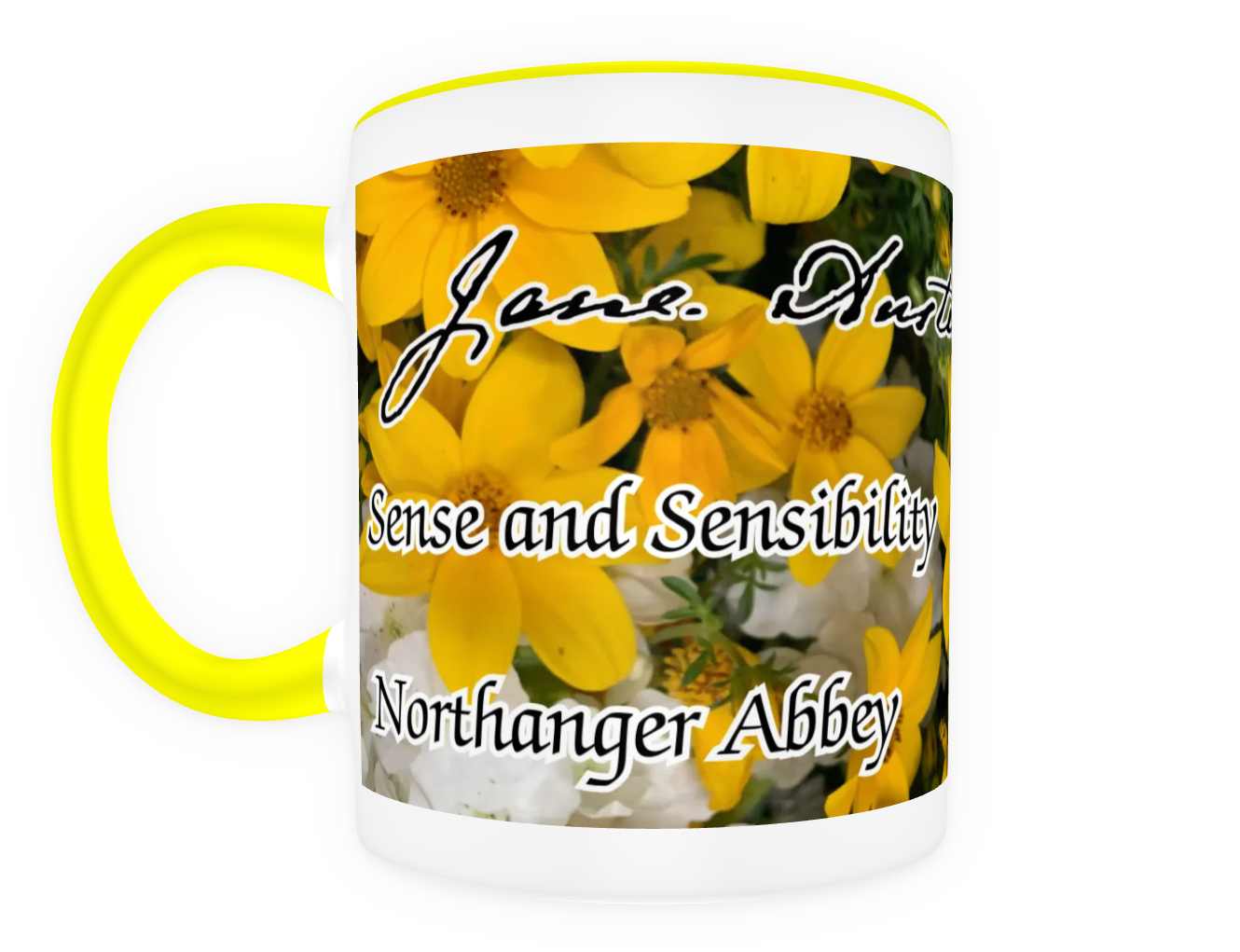 Jane Austen Signature 6 Novels Pride and Prejudice Sense and Sensibility Emma Persuasion Mansfield Park Northanger Abbey 11 oz Ceramic Mug Yellow Front