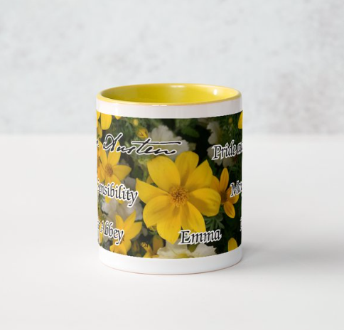 Jane Austen Signature 6 Novels Pride and Prejudice Sense and Sensibility Emma Persuasion Mansfield Park Northanger Abbey 11 oz Ceramic Mug Yellow Side