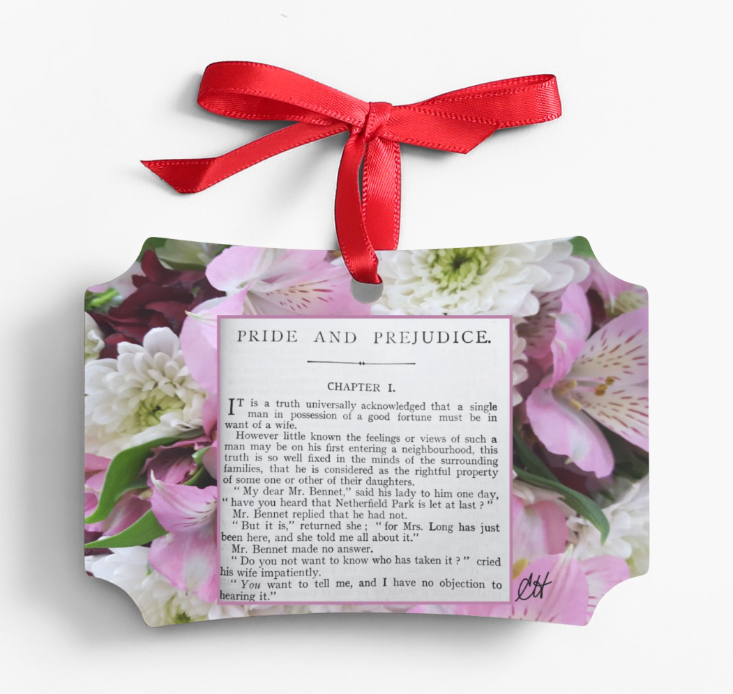 Jane Austen Pride and Prejudice Chapter 1 Christmas Ornament Metal Red Ribbon Reversible Same Back