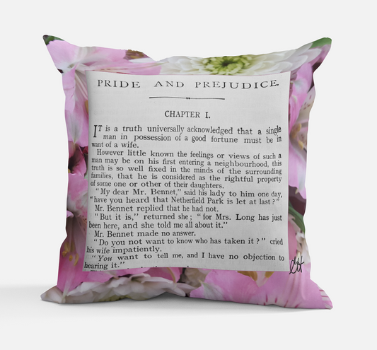 Jane Austen Pride and Prejudice Chapter 1 Pillow with 100% polyester outer-shell and recycled fibre filling Front Back same