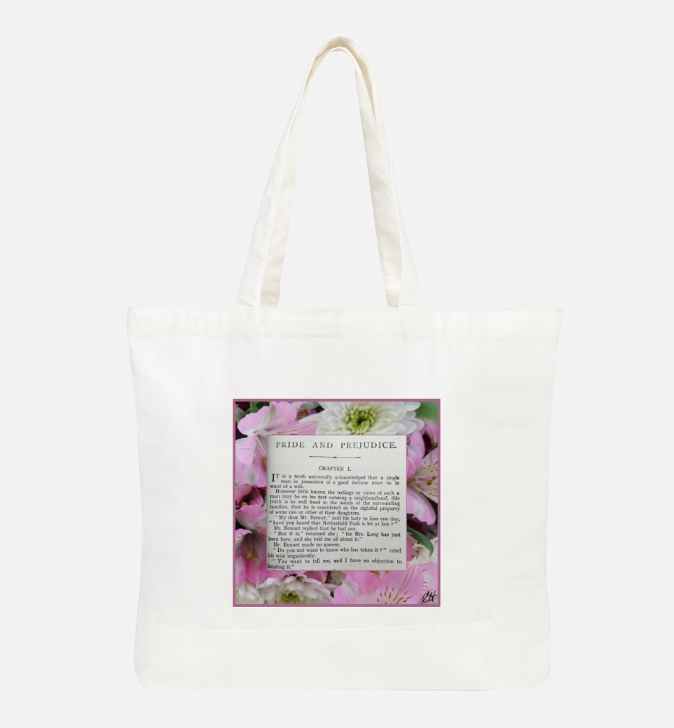 Jane Austen Pride and Prejudice Chapter 1 100% Cotton Canvas Tote Bag Front White