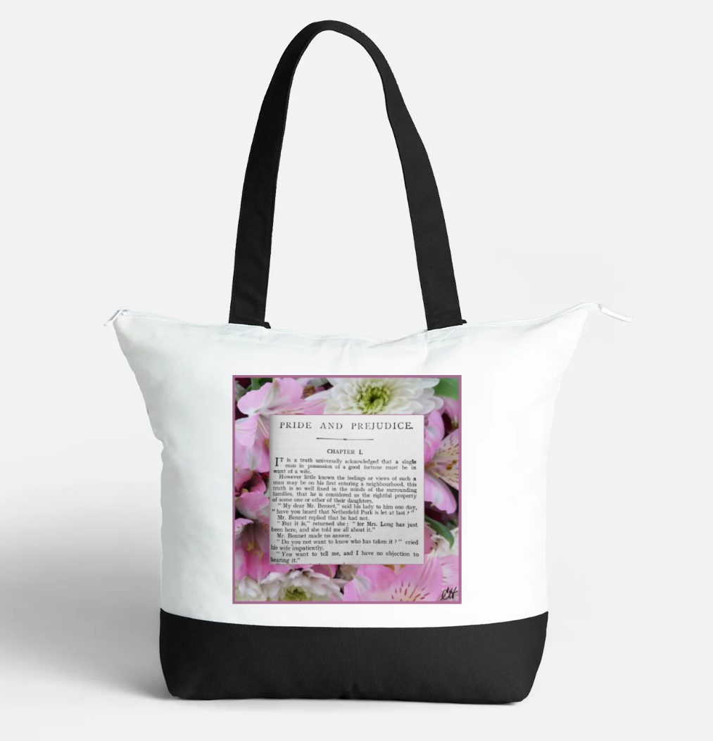 Jane Austen Pride and Prejudice Chapter 1 Zippered 21 litre capacity 100% Cotton Canvas Tote Bag Black and White Front with interior pocket