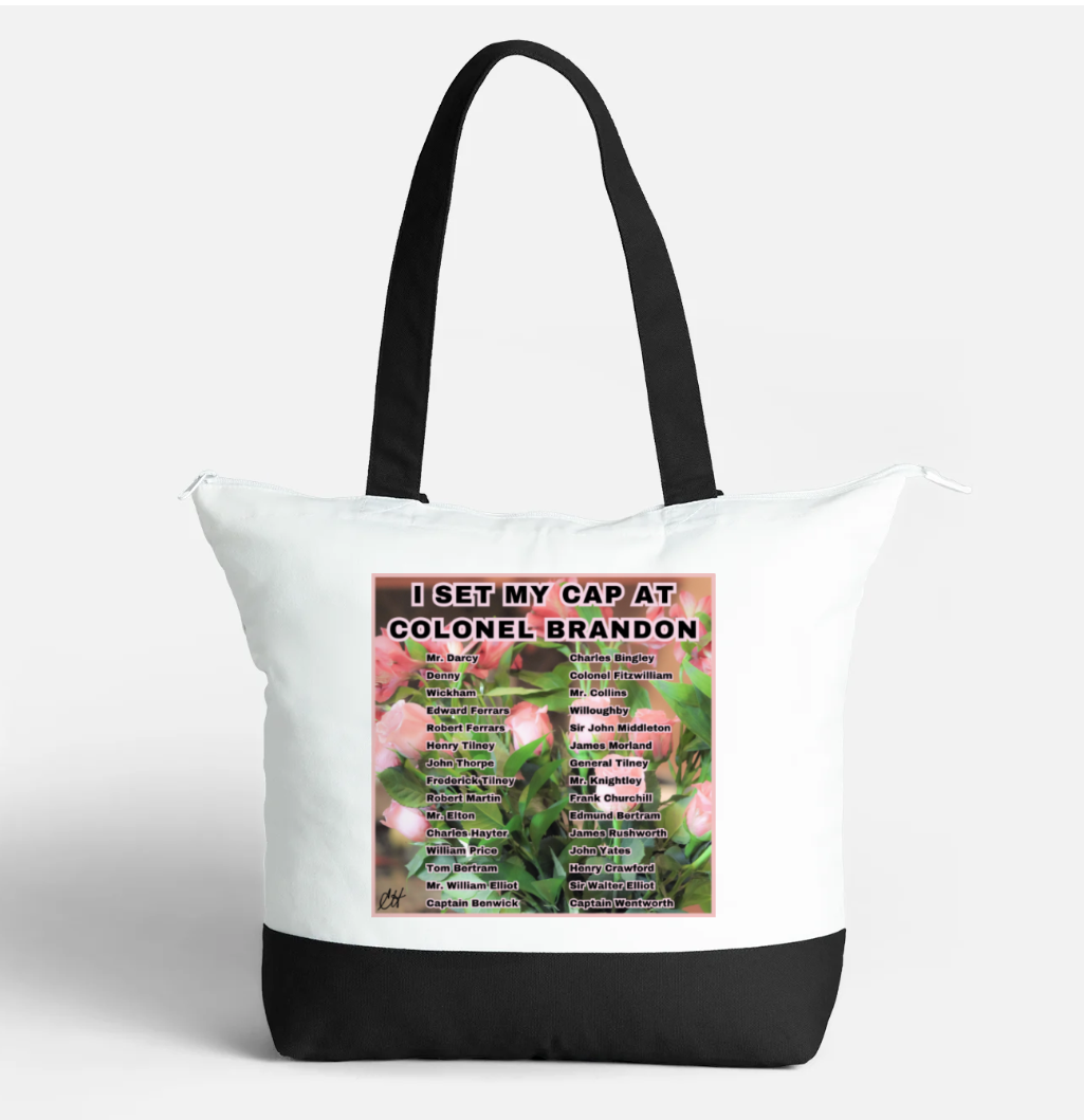 I Set My Cap At Jane Austen Hero Colonel Brandon or Personalized Zippered 21 litre capacity 100% Cotton Canvas Tote Bag Black and White Front with interior pocket