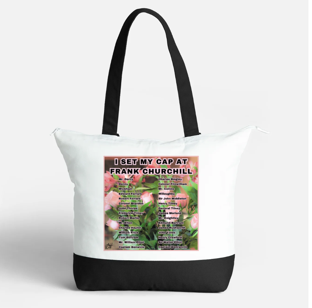 I Set My Cap At Jane Austen Hero Frank Churchill or Personalized Zippered 21 litre capacity 100% Cotton Canvas Tote Bag Black and White Front with interior pocket