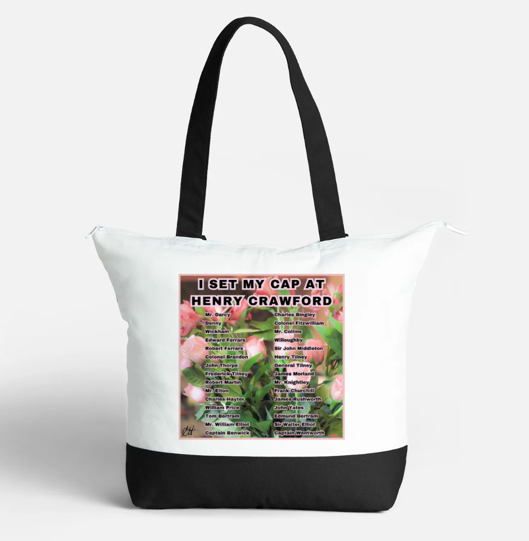 I Set My Cap At Jane Austen Hero Henry Crawford or Personalized Zippered 21 litre capacity 100% Cotton Canvas Tote Bag Black and White Front with interior pocket