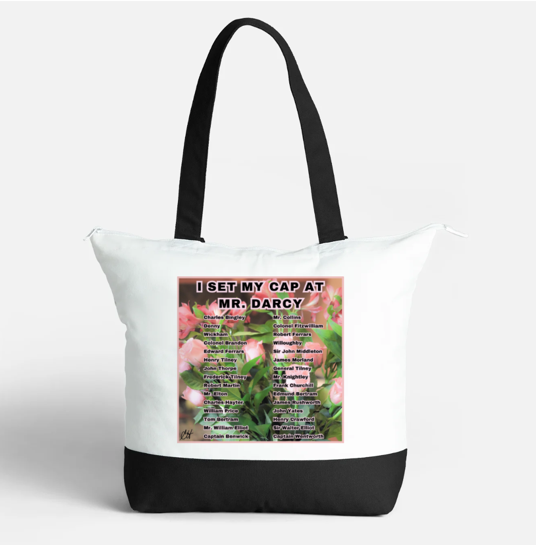 I Set My Cap At Jane Austen Hero Mr Darcy or Personalized Zippered 21 litre capacity 100% Cotton Canvas Tote Bag Black and White Front with interior pocket