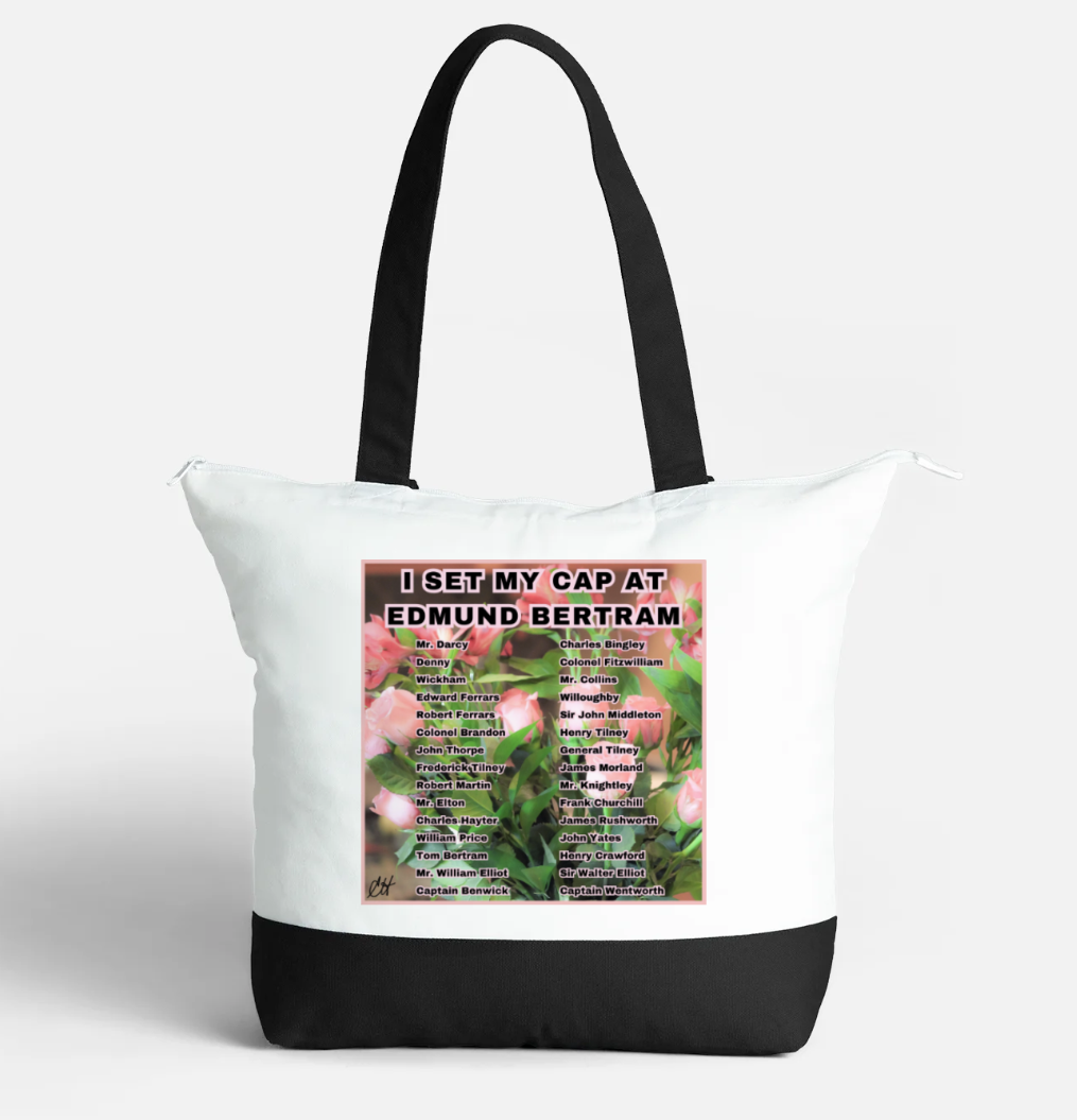 I Set My Cap At Jane Austen Hero Edmund Bertram or Personalized Zippered 21 litre capacity 100% Cotton Canvas Tote Bag Black and White Front with interior pocket