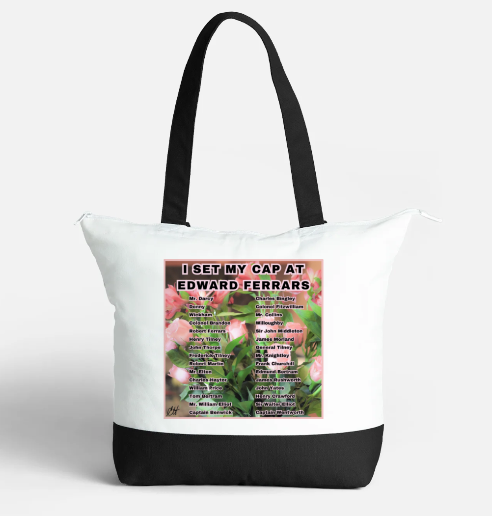 I Set My Cap At Jane Austen Hero Edward Ferrars or Personalized Zippered 21 litre capacity 100% Cotton Canvas Tote Bag Black and White Front with interior pocket