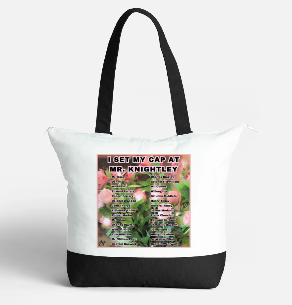 I Set My Cap At Jane Austen Hero Mr Knightley or Personalized Zippered 21 litre capacity 100% Cotton Canvas Tote Bag Black and White Front with interior pocket