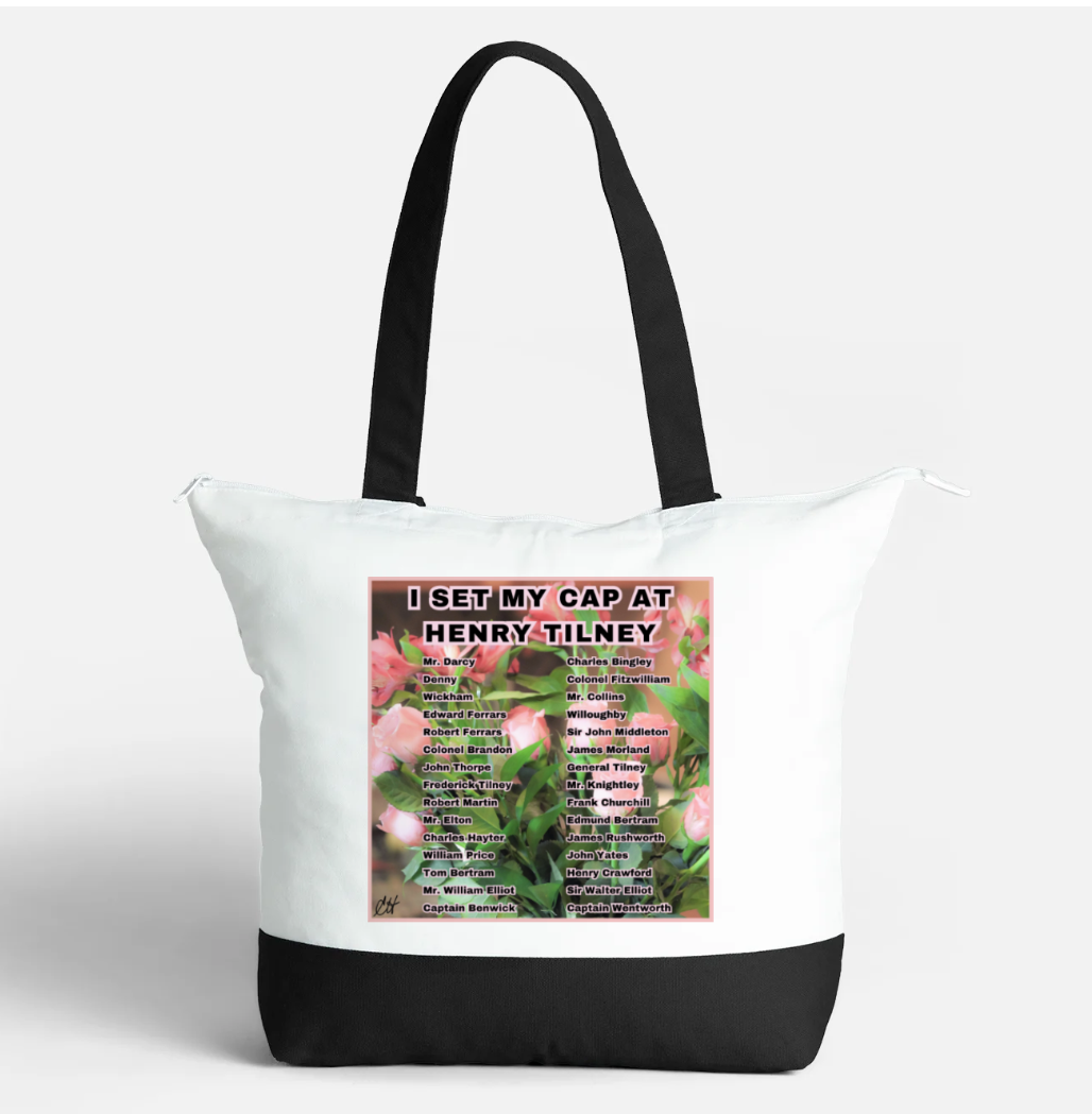 I Set My Cap At Jane Austen Hero Henry Tilney or Personalized Zippered 21 litre capacity 100% Cotton Canvas Tote Bag Black and White Front with interior pocket