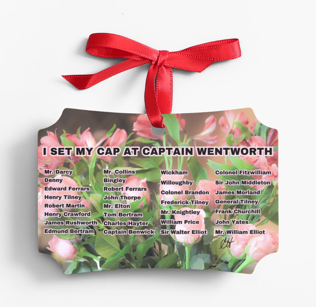 I Set My Cap At Jane Austen Hero Captain Wentworth Christmas Ornament Metal Red Ribbon Reversible Same Back