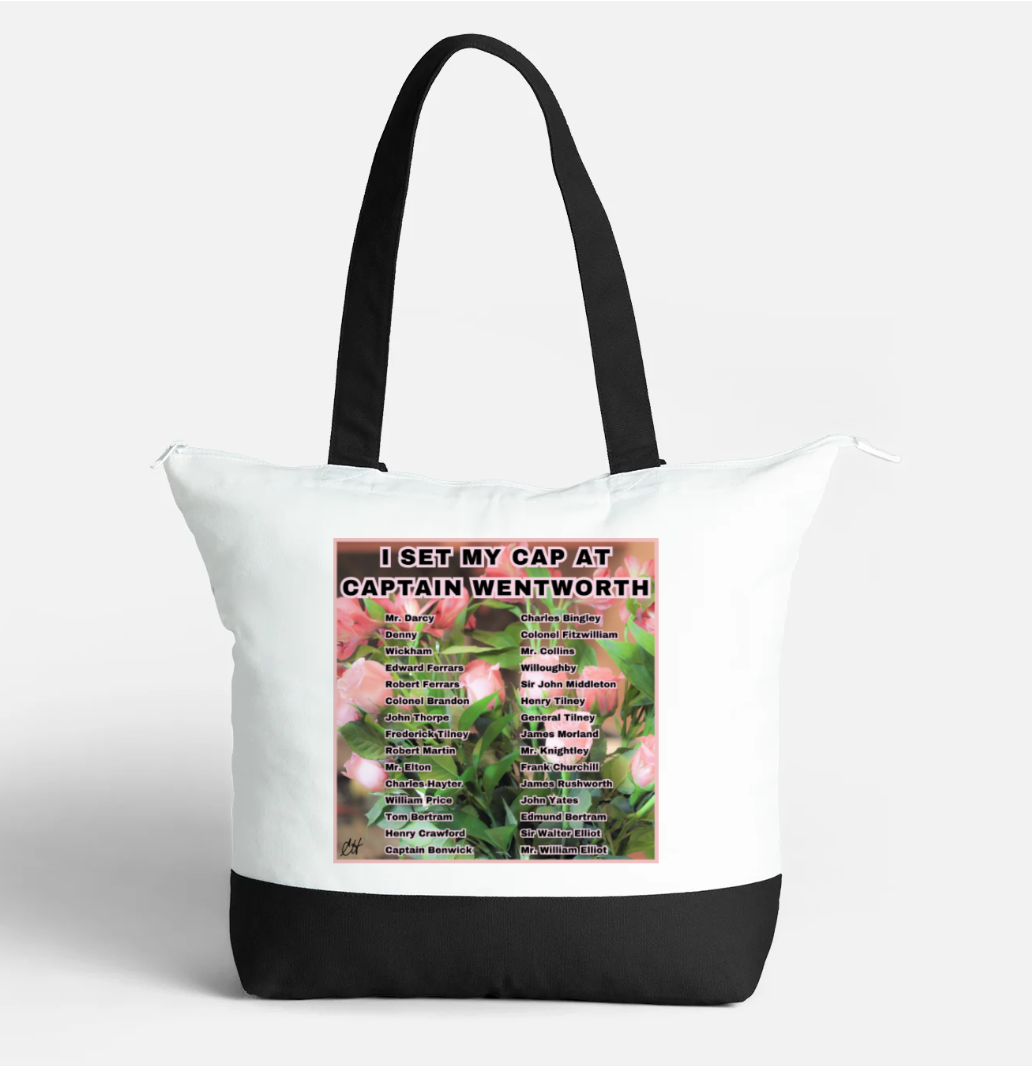 I Set My Cap At Jane Austen Hero Captain Wentworth or Personalized Zippered 21 litre capacity 100% Cotton Canvas Tote Bag Black and White Front with interior pocket