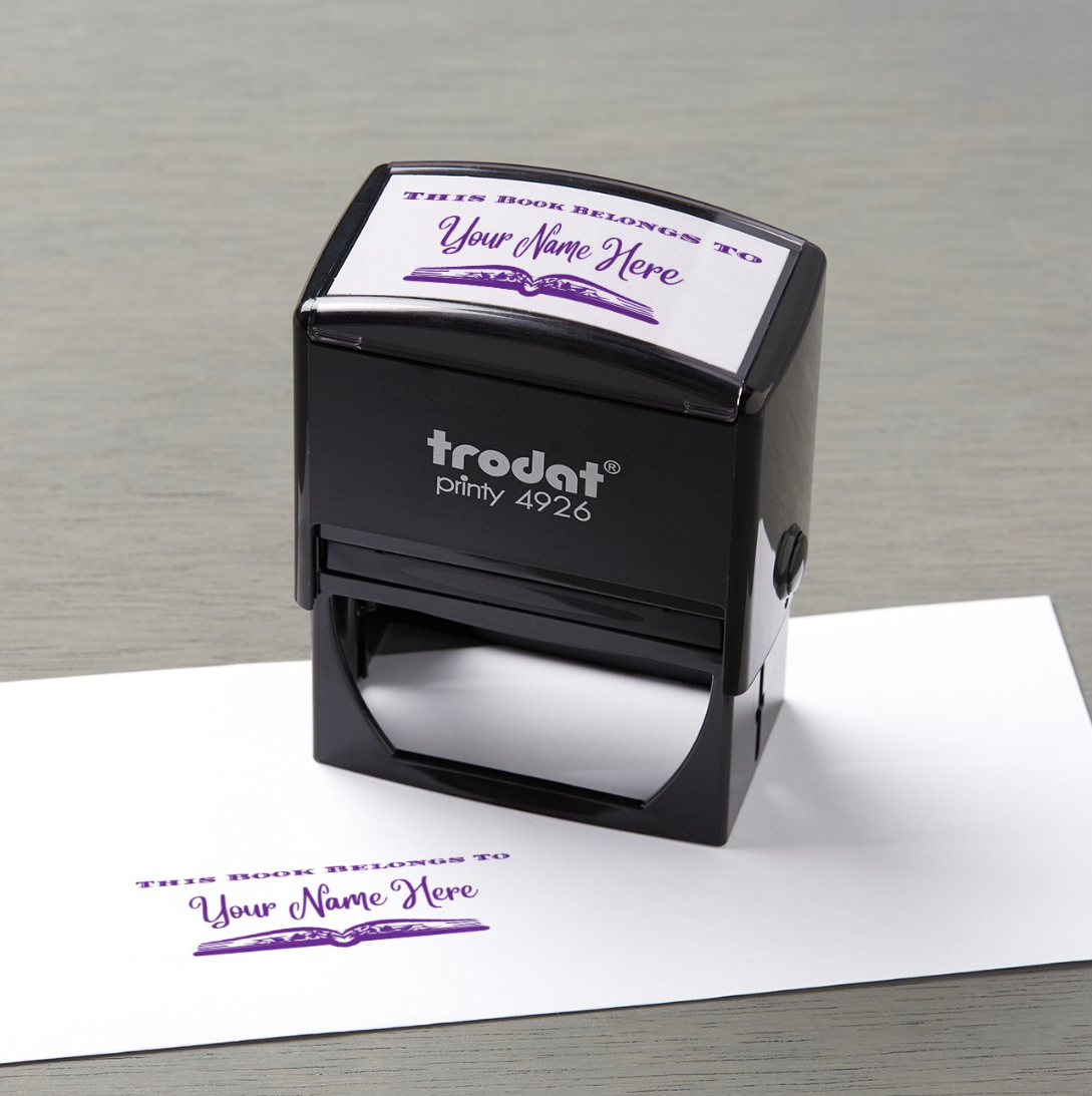 This Book Belongs To Personalized 3" x 1.5" Stamp  up to 10 000 impressions Purple Ink